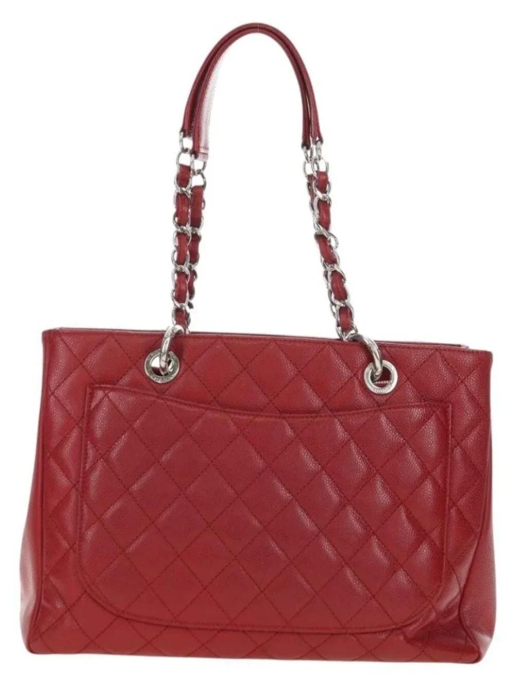 CHANEL GST Matelasse Chain Tote Bag Grained Calf Skin Red Silver CC Auth ep1...